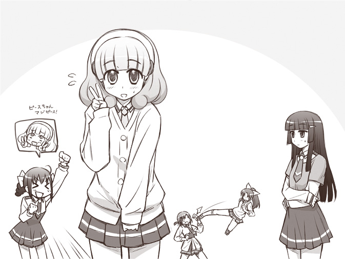 >_<, aoki_reika, blush, emon, hino_akane, hoshizora_miyuki, kicking, kise_yayoi, midorikawa_nao, monochrome, multiple_girls, precure, school_uniform, skirt, sleeves_rolled_up, smile_precure!, v, white_background