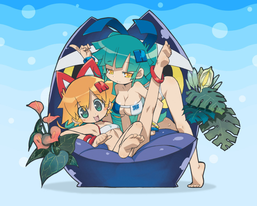 akatsuki_gomoku, animal_ears, barefoot, bikini, blonde_hair, bracelet, breasts, bunny_ears