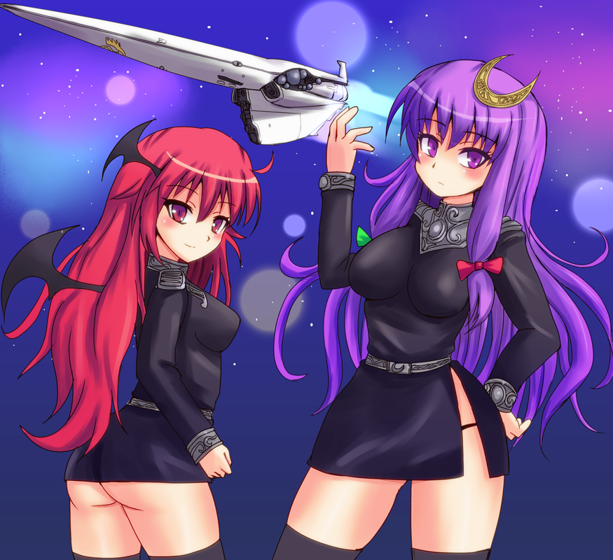 alternate_costume, alternate_hairstyle, ass, black_legwear, bow, breasts, brunhild, crescent
