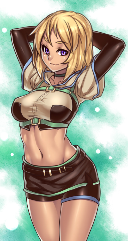 archer_(ragnarok_online), arms_behind_head, arms_up, bike_shorts, blonde_hair, breasts, choker, crop_top