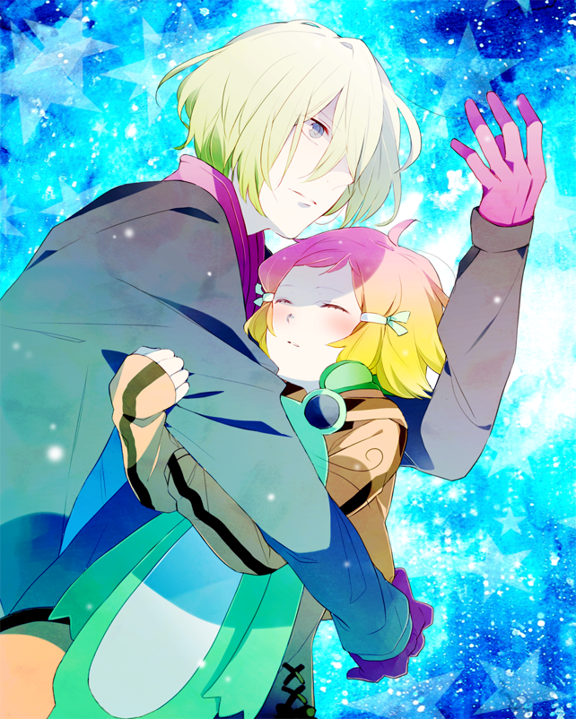 1girl, aquarion_(series), aquarion_evol, blonde_hair, blue_eyes, closed_eyes, coat, eyes_closed