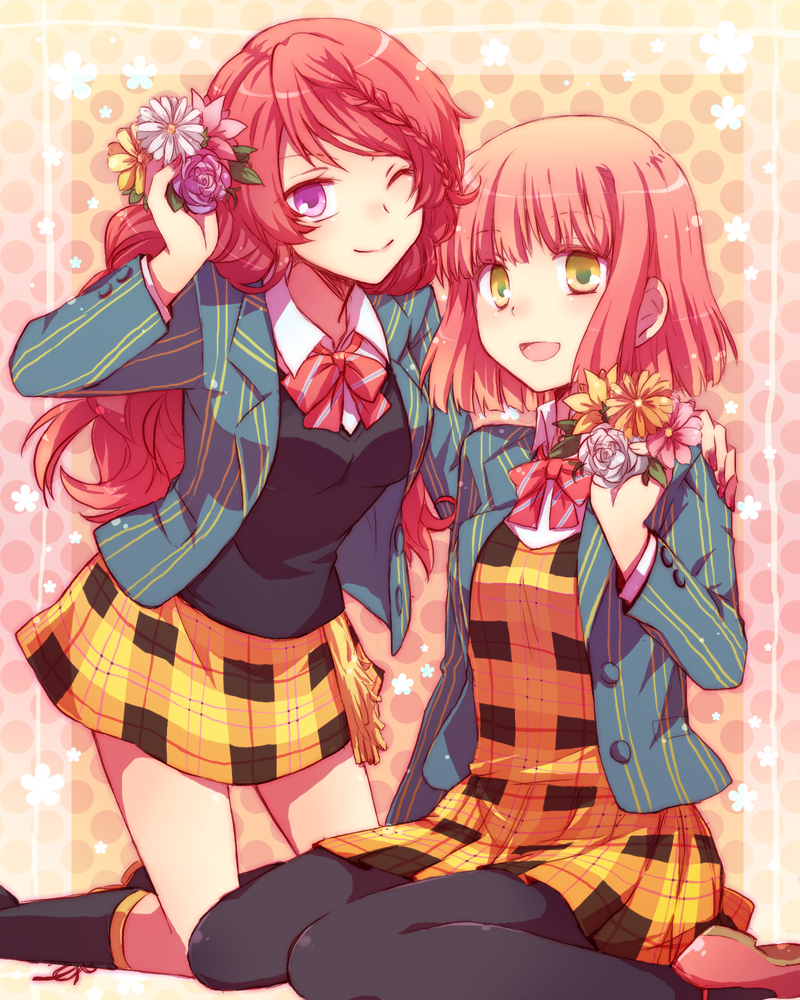 black_legwear, braid, flower, green_eyes, hair_ornament, kneehighs, kneeling, kousetsu