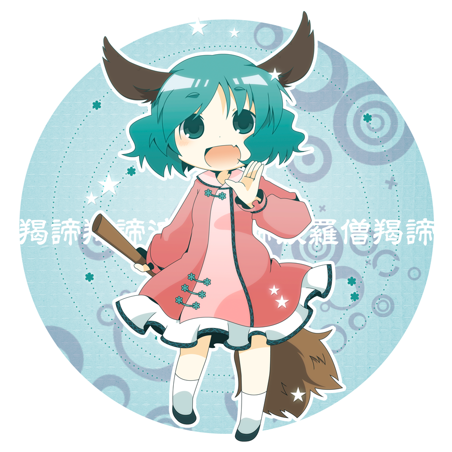 animal_ears, blush, broom, chibi, dress, fang, green_eyes, green_hair, hand_on_own_face, kasodani_kyouko, kneehighs, misaki, misaki_(1n1m), open_mouth, solo, star, tail, touhou, white_legwear
