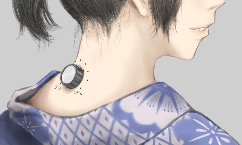 ao_usagi, black_hair, dial, japanese_clothes, kimono, lips, nape, original, profile, rotary_switch, short_hair, short_ponytail, solo, teeth, translated