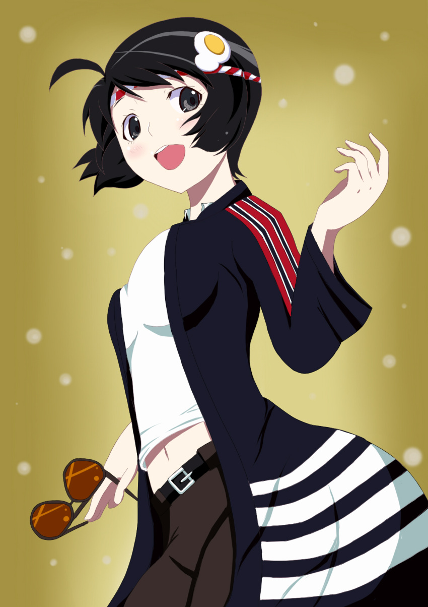black_eyes, black_hair, coat, headband, highres, monogatari_(series), nisemonogatari, ouendan