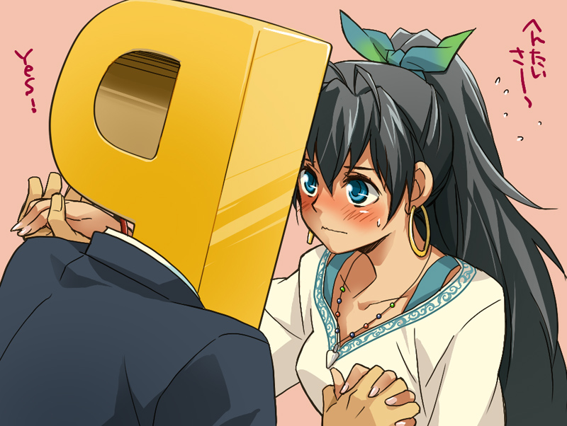 blue_eyes, blush, bow, dorei_k, earrings, ganaha_hibiki, hair_bow, hand_holding