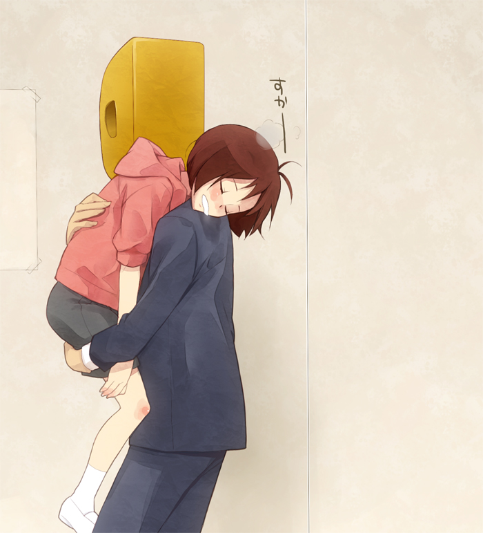 1girl, antenna_hair, breath, brown_hair, carrying, dorei_k, formal, hidaka_ai