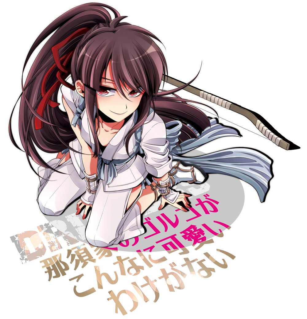 boots, bow_(weapon), brown_hair, drifters, gloves, hair_ribbon, long_hair, nasu_no_yoichi