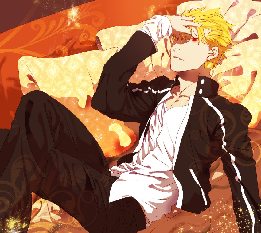 black_jacket, blonde_hair, casual, couch, fate/stay_night, fate_(series), gilgamesh, hali