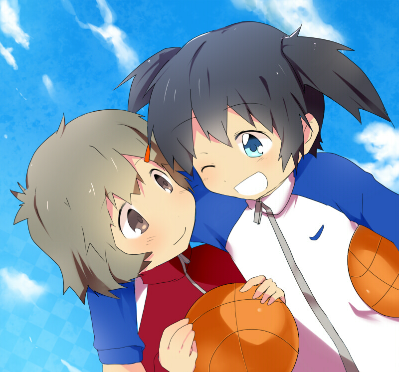 aimai_(luckyfive), arm_around_shoulder, bad_id, basketball, black_hair, black_rock_shooter, blue_eyes, brown_eyes