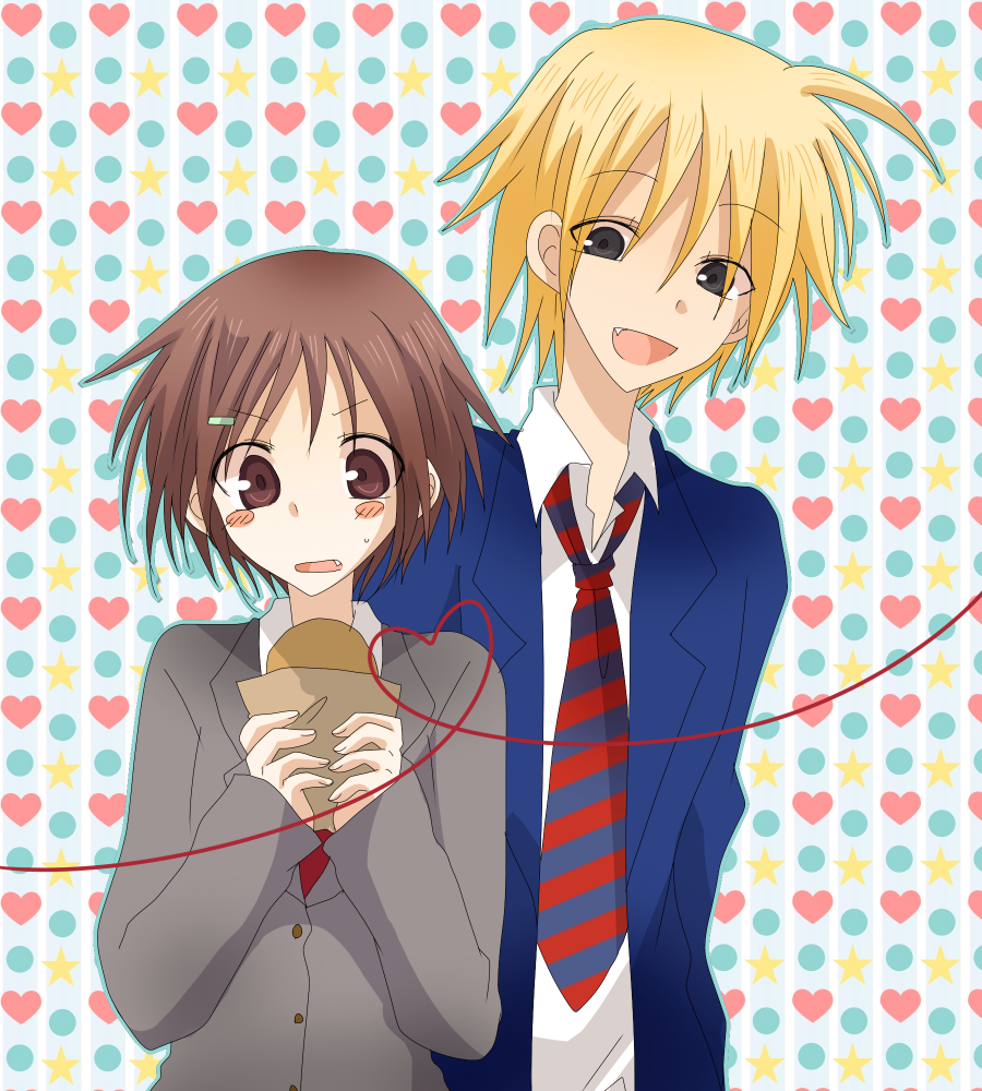 1girl, blazer, blonde_hair, blush_stickers, brown_eyes, brown_hair, danshi_koukousei_no_nichijou, fang, food, grey_eyes, hair_ornament, hairclip, heart, heart_of_string, kitty-bell92, necktie, president_(danshi_koukousei), ringo-chan_(danshi_koukousei), school_uniform, short_hair, smile, striped, striped_necktie, striped_tie