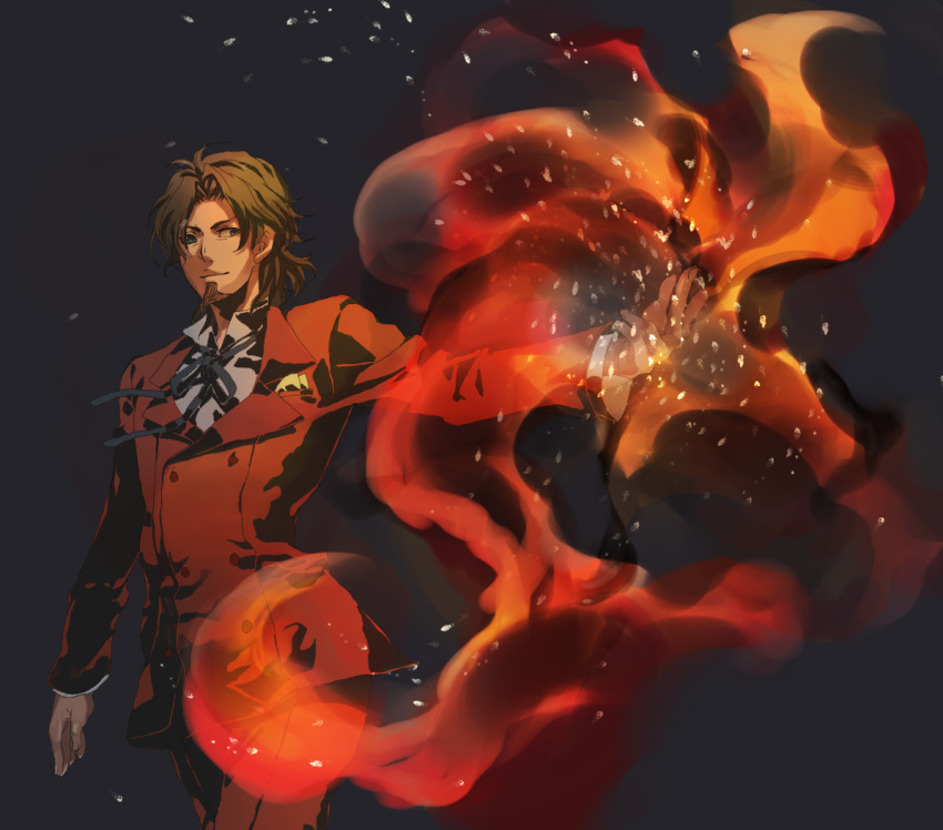 black_background, blue_eyes, brown_hair, facial_hair, fate/zero, fate_(series), fire, formal, goatee, himhim10kio, male, ribbon, solo, suit, tohsaka_tokiomi, toosaka_tokiomi