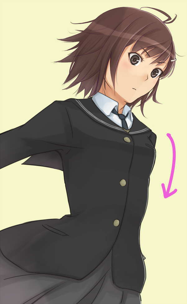 akitotika, amagami, antenna_hair, arrow, bob_cut, brown_eyes, brown_hair, cardigan