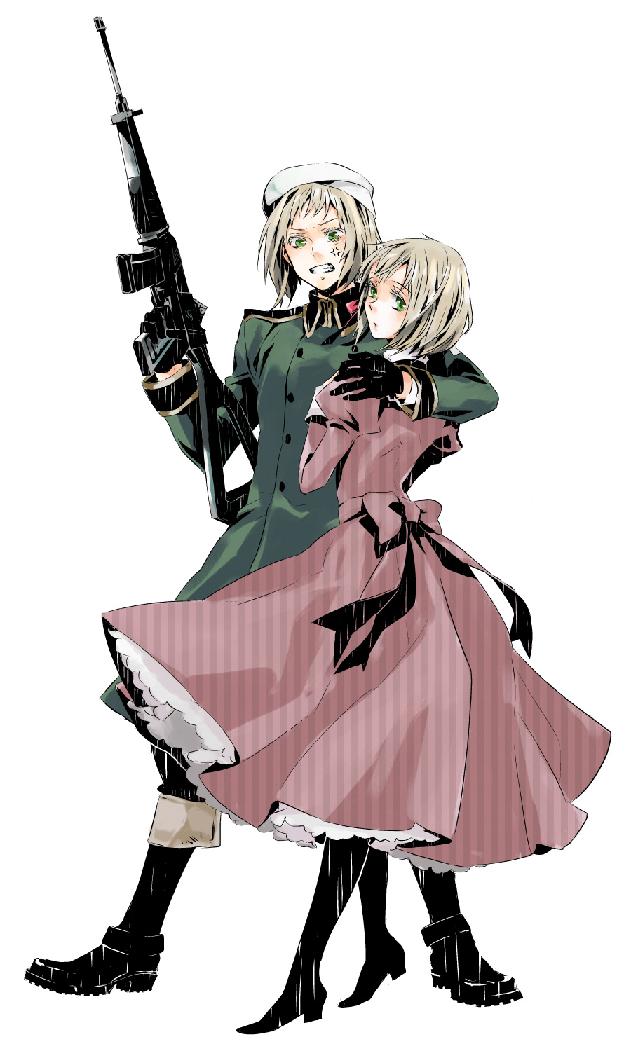 axis_powers_hetalia, beret, blonde_hair, boots, brother_and_sister, dress, gloves, green_eyes