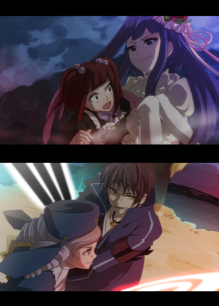3girls, ajiko_ajio, blue_eyes, blue_hair, bow, brown_hair, carrying, child