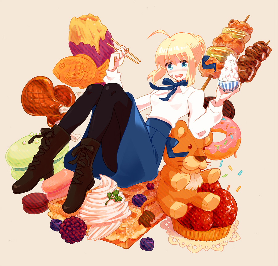 ahoge, artoria_pendragon_(all), baked_potato, black_legwear, blonde_hair, blue_eyes, blueberry, blush