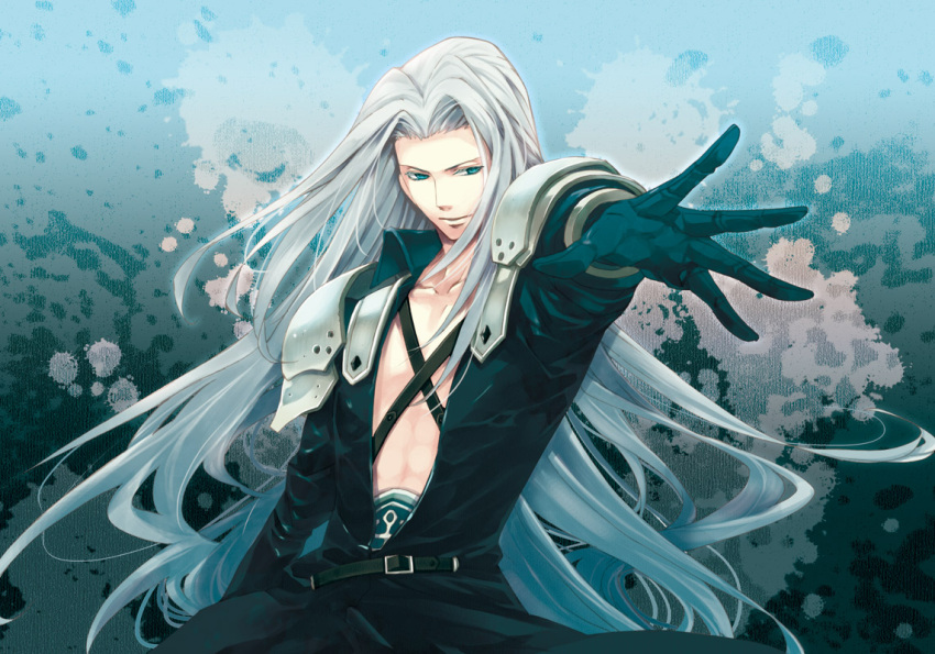 aqua_eyes, blue_hair, final_fantasy, final_fantasy_vii, gloves, gradient_hair, grey_hair, long_hair
