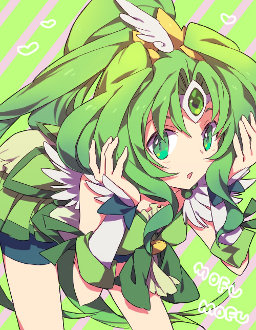bent_over, cure_march, green, green_eyes, green_hair, hair_tussle, hashiko_(pecopom), long_hair