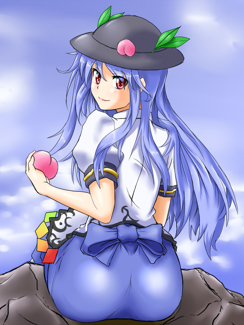 ass, blue_hair, food, fruit, hat, highres, hinanawi_tenshi, long_hair