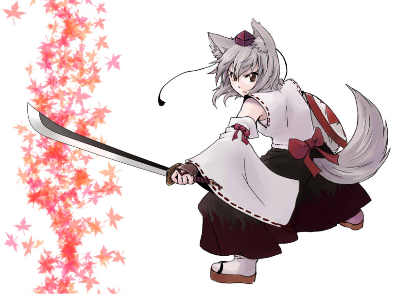 animal_ears, bare_shoulders, bow, detached_sleeves, fighting_stance, gauntlets, grey_hair, hat, holding, insertion, inubashiri_momiji, leaf, maple_leaf, ooike_teru, red_eyes, ribbon, sandals, sarashi, shield, short_hair, simple_background, socks, solo, sword, tail, tokin_hat, touhou, weapon, white_legwear, wolf_ears, wolf_tail