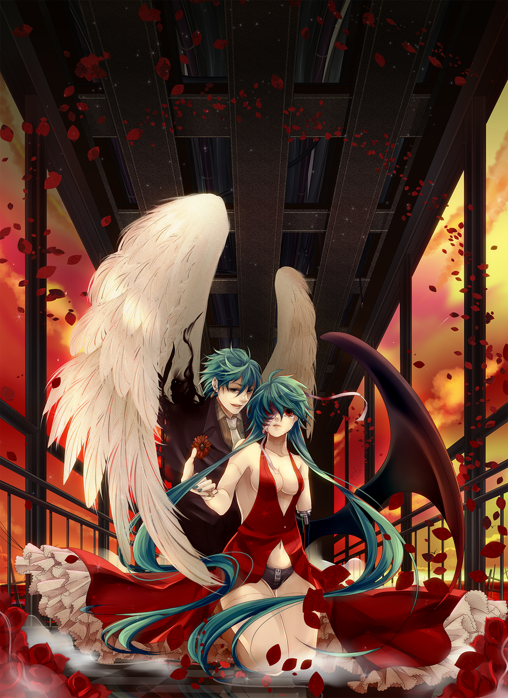 1girl, amputee, android, aqua_eyes, aqua_hair, bad_id, bandage_over_one_eye, domco