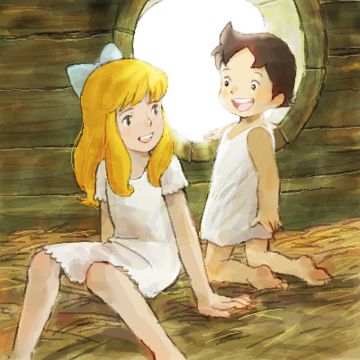 2girls, 70s, alps_no_shoujo_heidi, barefoot, blonde_hair, bow, brown_hair, child