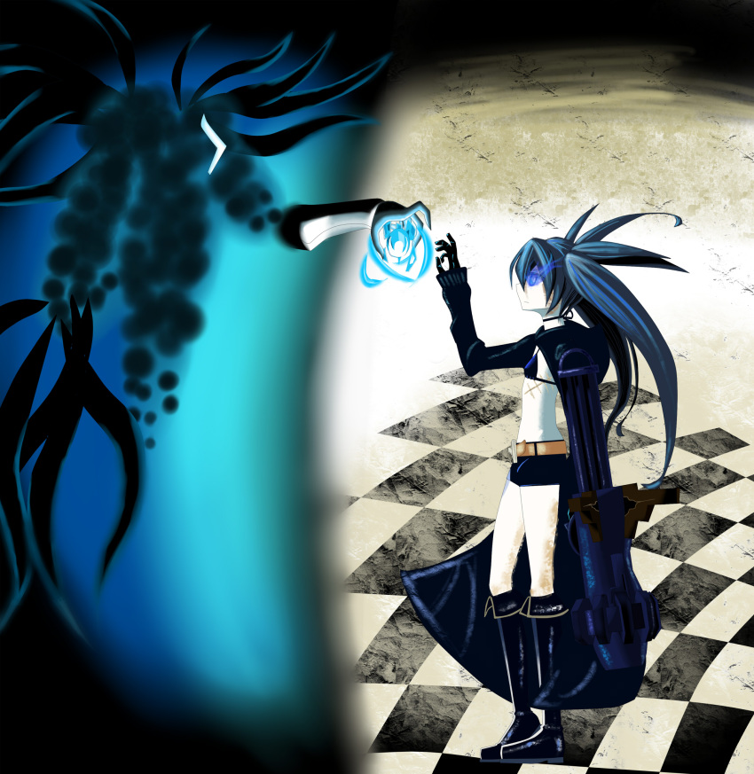 black_rock_shooter, black_rock_shooter_(character), boots, cape, checkered, checkered_floor, corruptroid, crossover