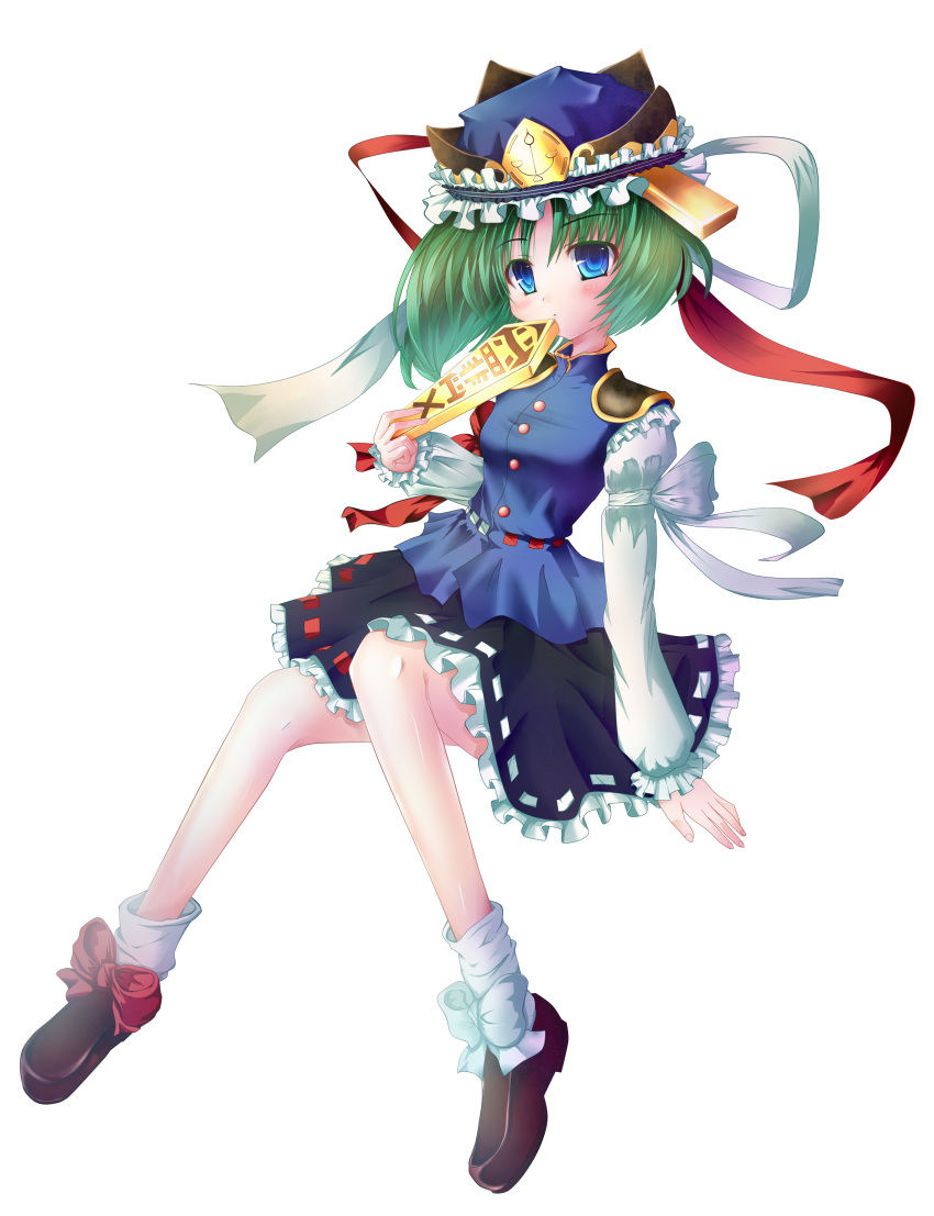 absurdres, blue_eyes, blush, bow, green_hair, hat, highres, ribbon, rod_of_remorse, shikieiki_yamaxanadu, short_hair, skirt, socks, solo, touhou, transparent_background, yanagi_ryou