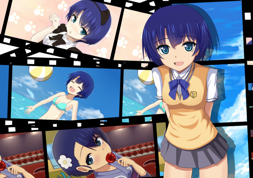 alua, animal_ears, ano_natsu_de_matteru, arms_behind_back, ball, beachball, bikini, blue_eyes, blue_hair, candy_apple, cat_ears, closed_eyes, cloud, eyes_closed, film_strip, hairband, japanese_clothes, kimono, looking_at_viewer, looking_up, montage, mouth_hold, open_mouth, paw_pose, school_uniform, short_hair, sky, smile, solo, splashing, sweater_vest, swimsuit, tanigawa_kanna, water