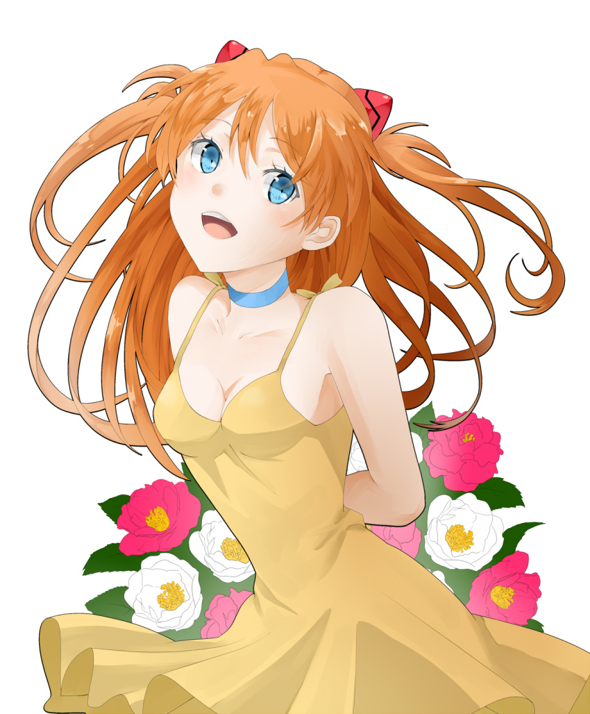 arms_behind_back, blue_eyes, blush, dress, highres, kamiya_ryuu, long_hair, neon_genesis_evangelion