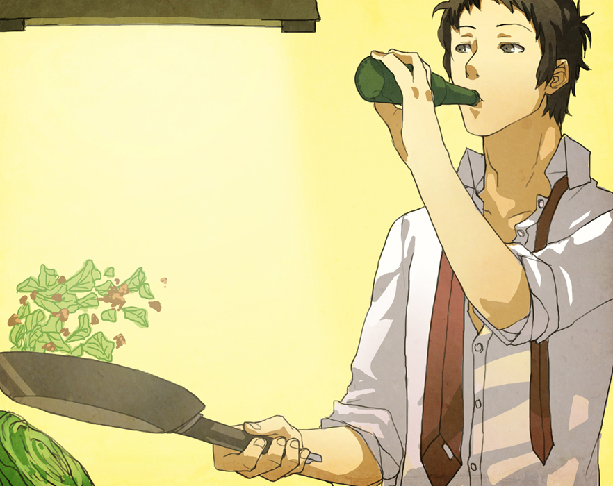 adachi_tooru, alchohol, alcohol, brown_eyes, brown_hair, cabbage, casual, cooking, drinking, food, formal, formal_clothes, frying_pan, looking_away, male, nazgullow, necktie, open_clothes, open_shirt, persona, persona_4, sleeves_rolled_up, solo, unbuttoned, unbuttoned_shirt