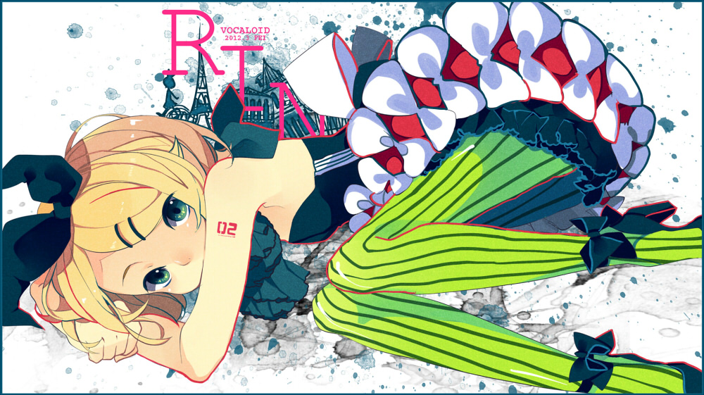 bare_shoulders, blonde_hair, dress, fen_renlei, flat_chest, green_eyes, green_legwear, hair_ornament