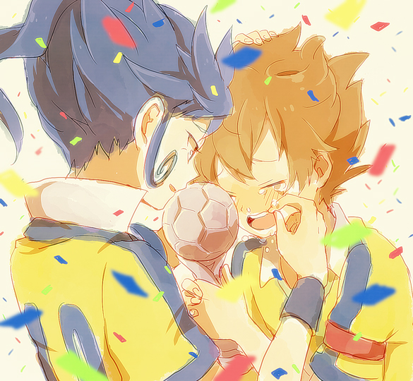 bad_id, blue_hair, blush, brown_hair, closed_eyes, confetti, eyes_closed, hand_on_head