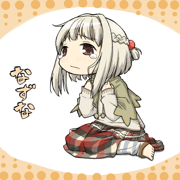bangs, barefoot, blonde_hair, blush, braid, brown_eyes, capelet, chibi