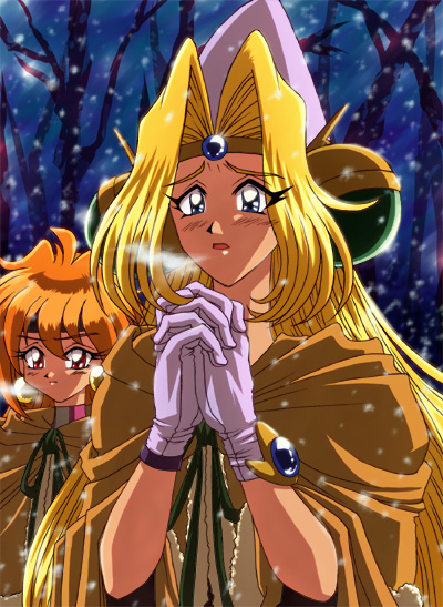 90s, anime_coloring, bare_tree, blonde_hair, blue_eyes, breath, cape, filia_ul_copt