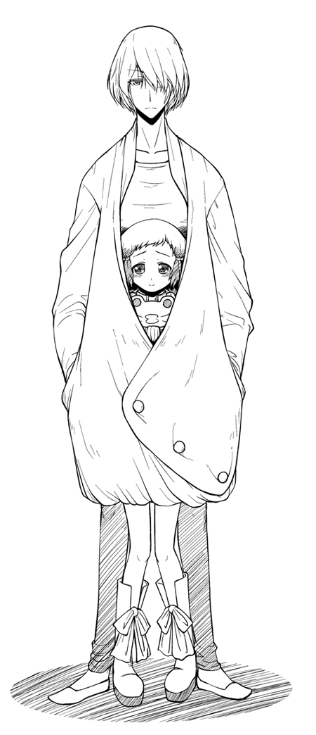 1girl, aquarion_(series), aquarion_evol, coat, hair_ornament, hair_over_one_eye, hairclip, height_difference