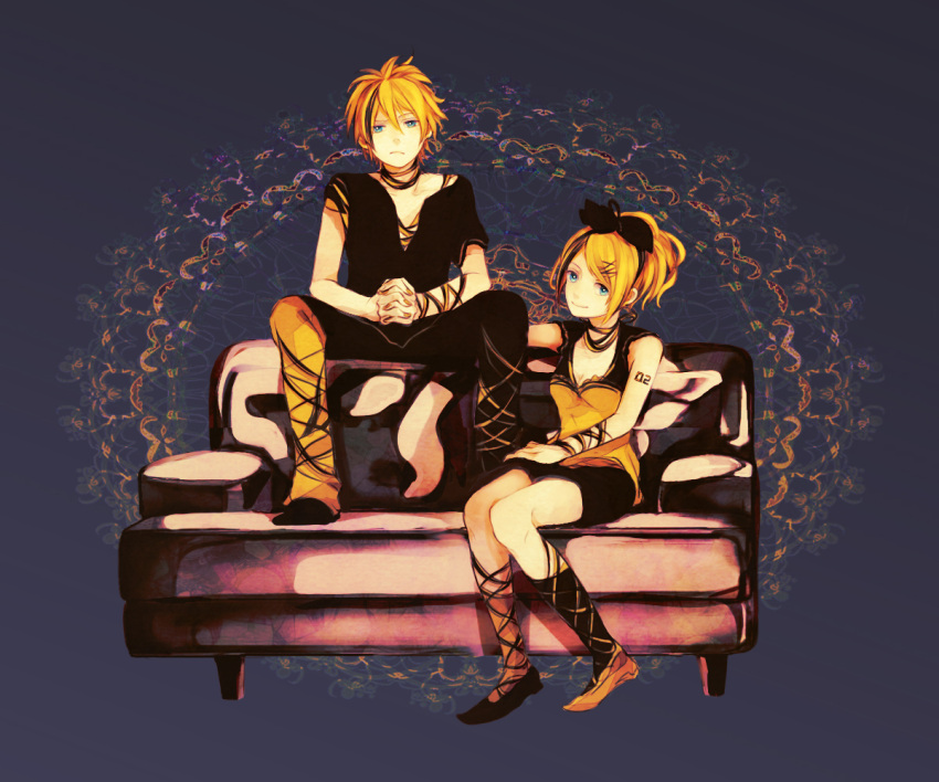 1girl, alternate_hairstyle, bare_shoulders, blonde_hair, blue_eyes, couch, frown, grin