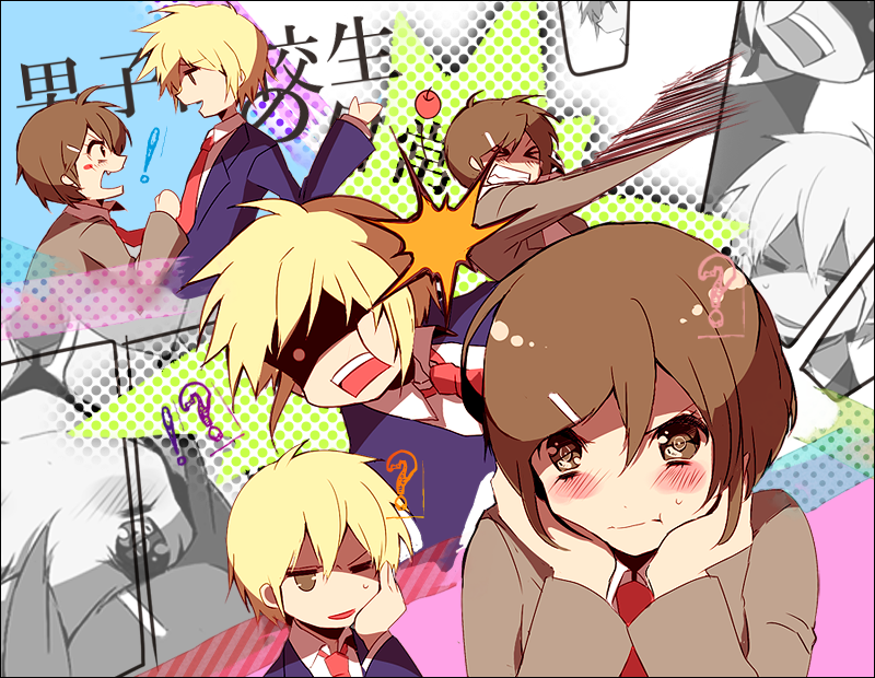 1girl, ?, ame_erika, apple, blazer, blonde_hair, blush, blush_stickers