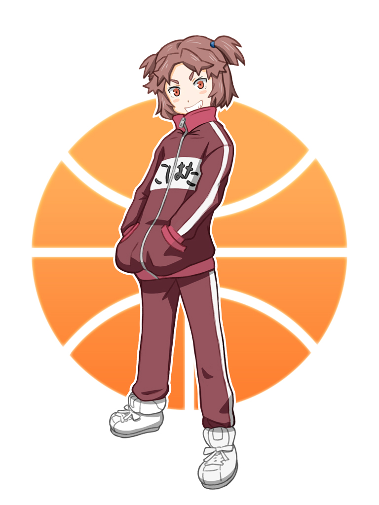 basketball, black_rock_shooter, brown_eyes, brown_hair, grin, kohata_arata, looking_at_viewer, oniyan