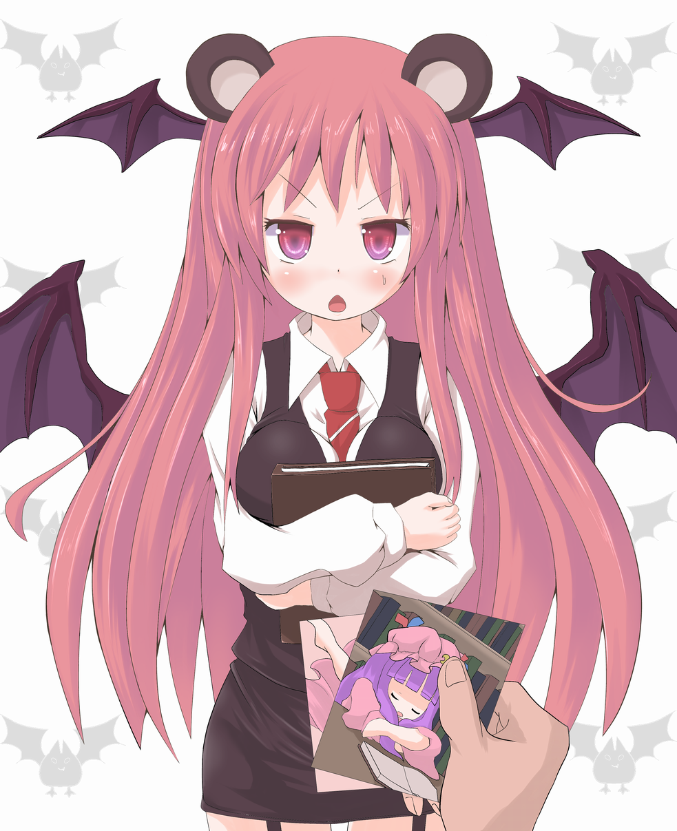 animal_ears, annoyed, bat_wings, bear_ears, blackmail, blush, book, book_hug