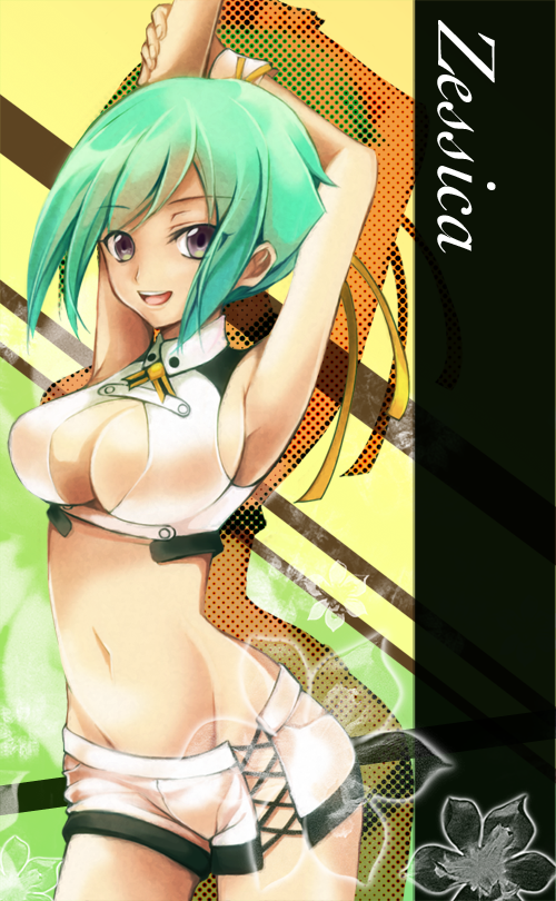 aquarion_evol, armpits, arms_up, breasts, cleavage, cleavage_cutout, green_hair, looking_at_viewer
