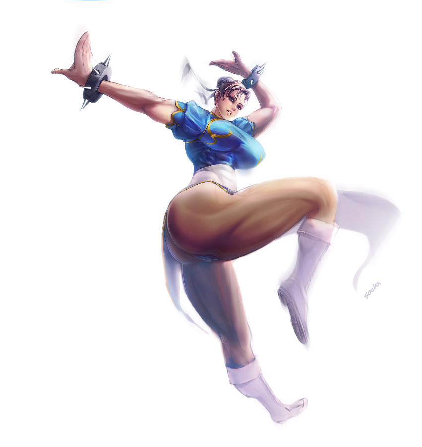 ass, boots, bracelet, breasts, brown_eyes, brown_hair, china_dress, chinese_clothes, chun-li, double_bun, highres, jewelry, large_breasts, legs, muscle, pantyhose, short_hair, socha_(pixiv99744), solo, spiked_bracelet, spikes, street_fighter, street_fighter_ii, thick_thighs, thighs