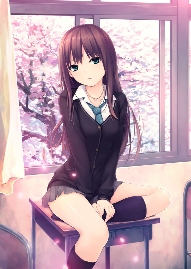 black_legwear, black_socks, brown_hair, cardigan, cherry_blossoms, coffee-kizoku, curtains, desk