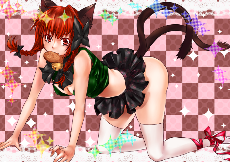 all_fours, alternate_costume, animal_ears, bare_shoulders, bell, beniyaorin, bow, braid