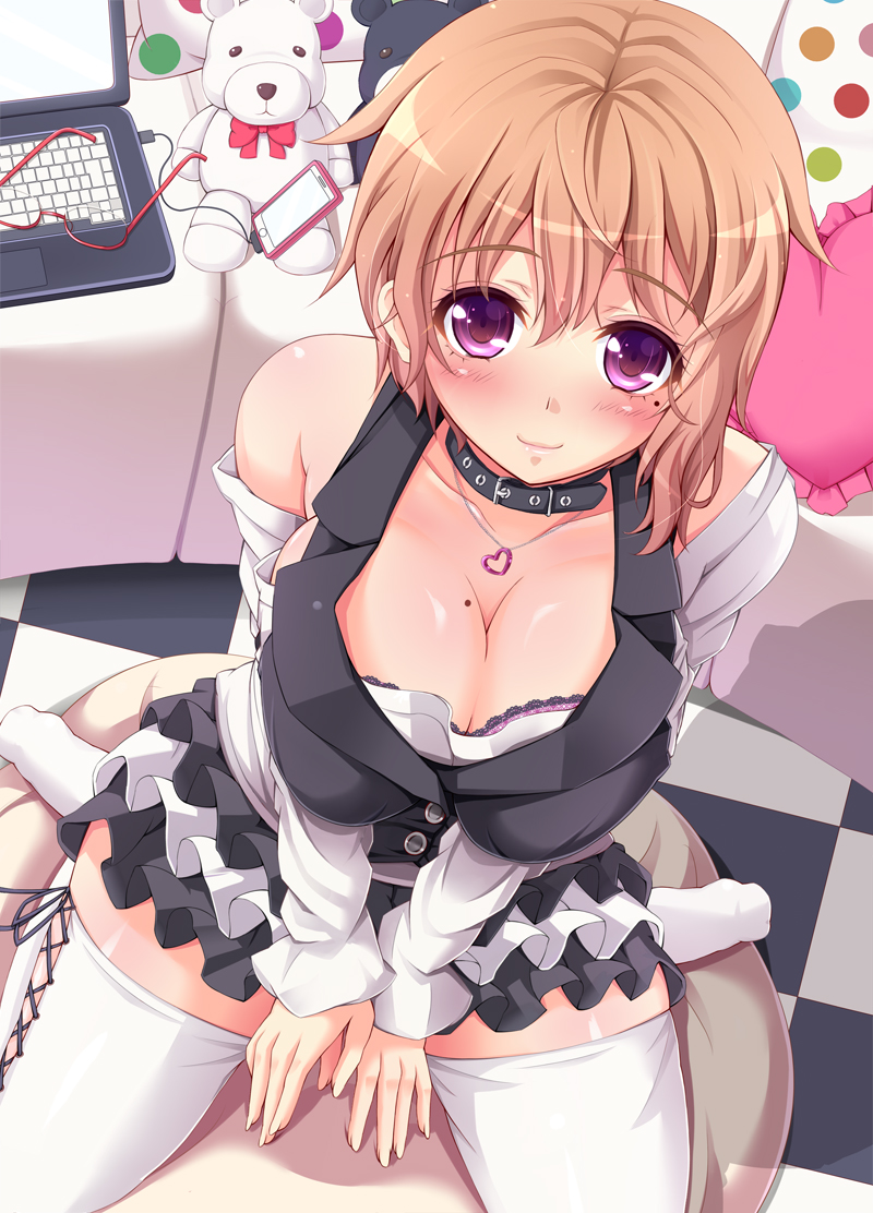 blush, breasts, brown_hair, checkered, checkered_floor, cleavage, computer, frilled_skirt