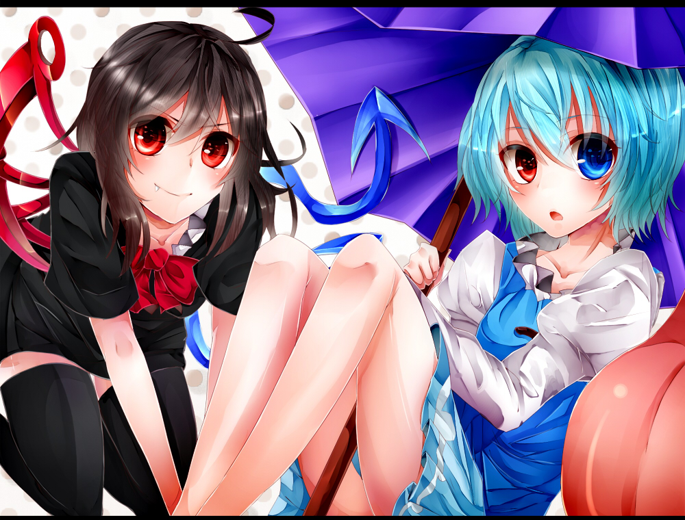 ahoge, asymmetrical_wings, bare_legs, black_legwear, blue_eyes, blue_hair, fang, houjuu_nue, karakasa_obake, looking_at_viewer, mahiron-atori, multiple_girls, red_eyes, rukito, short_hair, sitting, smile, tatara_kogasa, thigh-highs, thighhighs, touhou, umbrella, wings