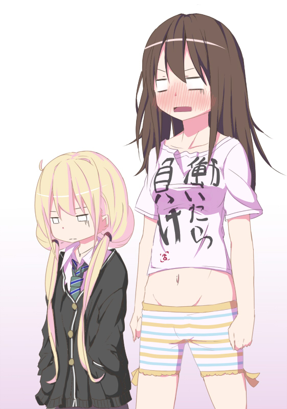 alternate_costume, blonde_hair, brown_hair, cardigan, clothes_writing, cosplay, costume_switch, embarrassed