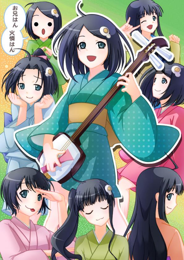 ahoge, araragi_tsukihi, asymmetrical_hair, bachi, black_hair, blue_eyes, fried_egg, hair_ornament, instrument, japanese_clothes, kimono, long_hair, monogatari_(series), multiple_persona, nisemonogatari, open_mouth, plectrum, shamisen, short_hair, side_ponytail, solo, wink, yagisuke