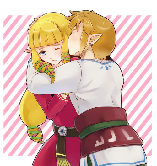 1girl, belt, blonde_hair, blue_eyes, blush, couple, ear_kiss, earrings, eyes_closed, hug, jewelry, kiss, link, love, nintendo, pointy_ears, princess_zelda, skyward_sword, suzuno_(kazahanasu), the_legend_of_zelda, wince, wink