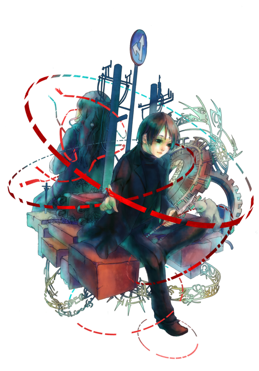 cat, character_request, gears, henpoco, highres, knife, long_hair, ninomae_juuichi